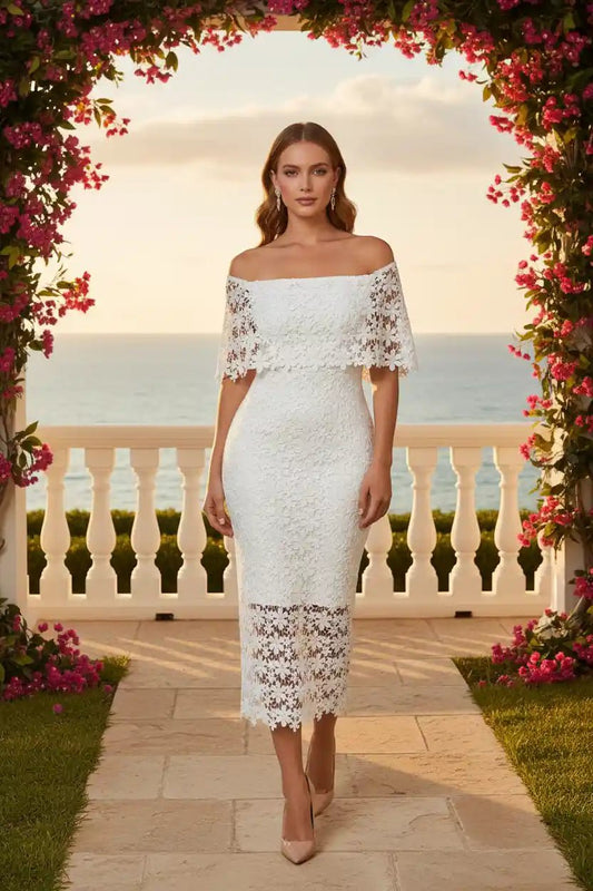 3D Floral Lace Off-Shoulder Bodycon Midi Dress - Wedding Guest Bridal Shower - MSHIGHBEAUTY