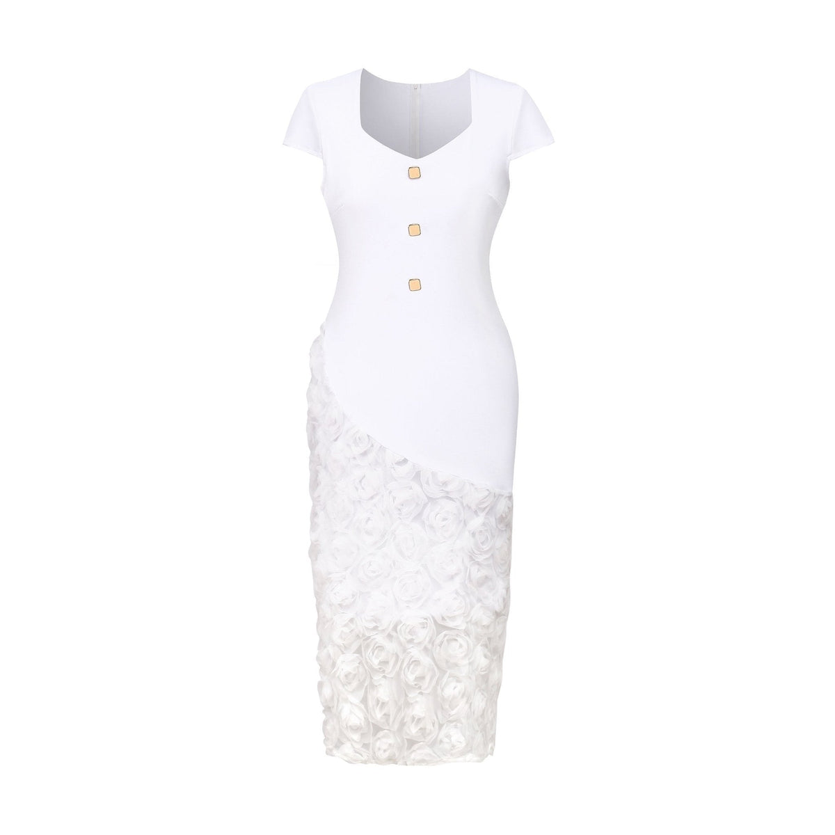 3D Rose Appliqué Lace Bodycon Midi Dress - Wedding Guest Dress - MSHIGHBEAUTY