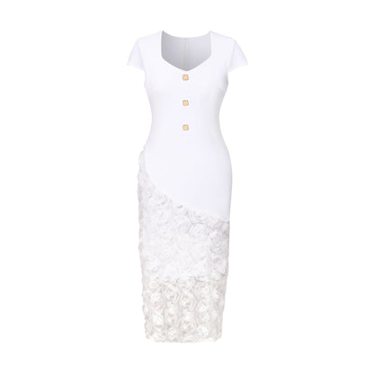 3D Rose Appliqué Lace Bodycon Midi Dress - Wedding Guest Dress - MSHIGHBEAUTY