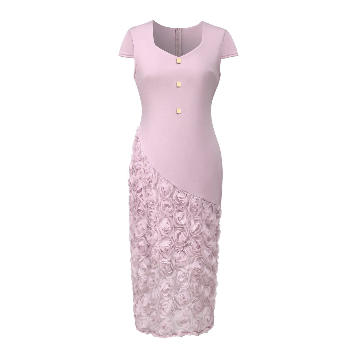 3D Rose Appliqué Lace Bodycon Midi Dress - Wedding Guest Dress - MSHIGHBEAUTY