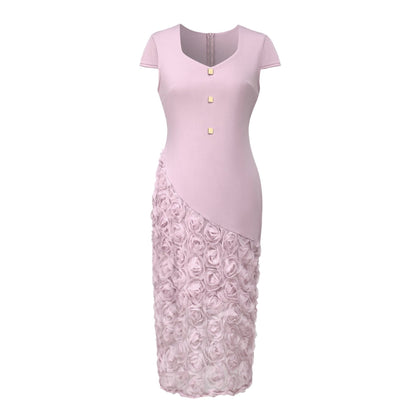 3D Rose Appliqué Lace Bodycon Midi Dress - Wedding Guest Dress - MSHIGHBEAUTY