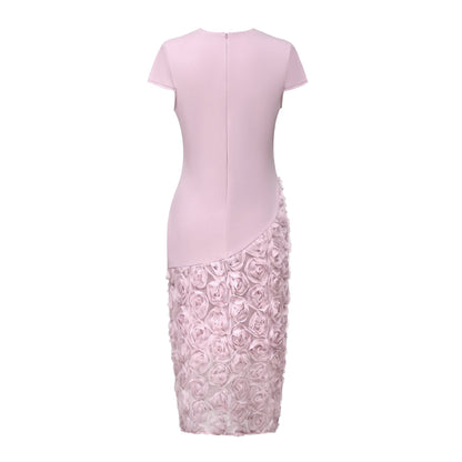 3D Rose Appliqué Lace Bodycon Midi Dress - Wedding Guest Dress - MSHIGHBEAUTY