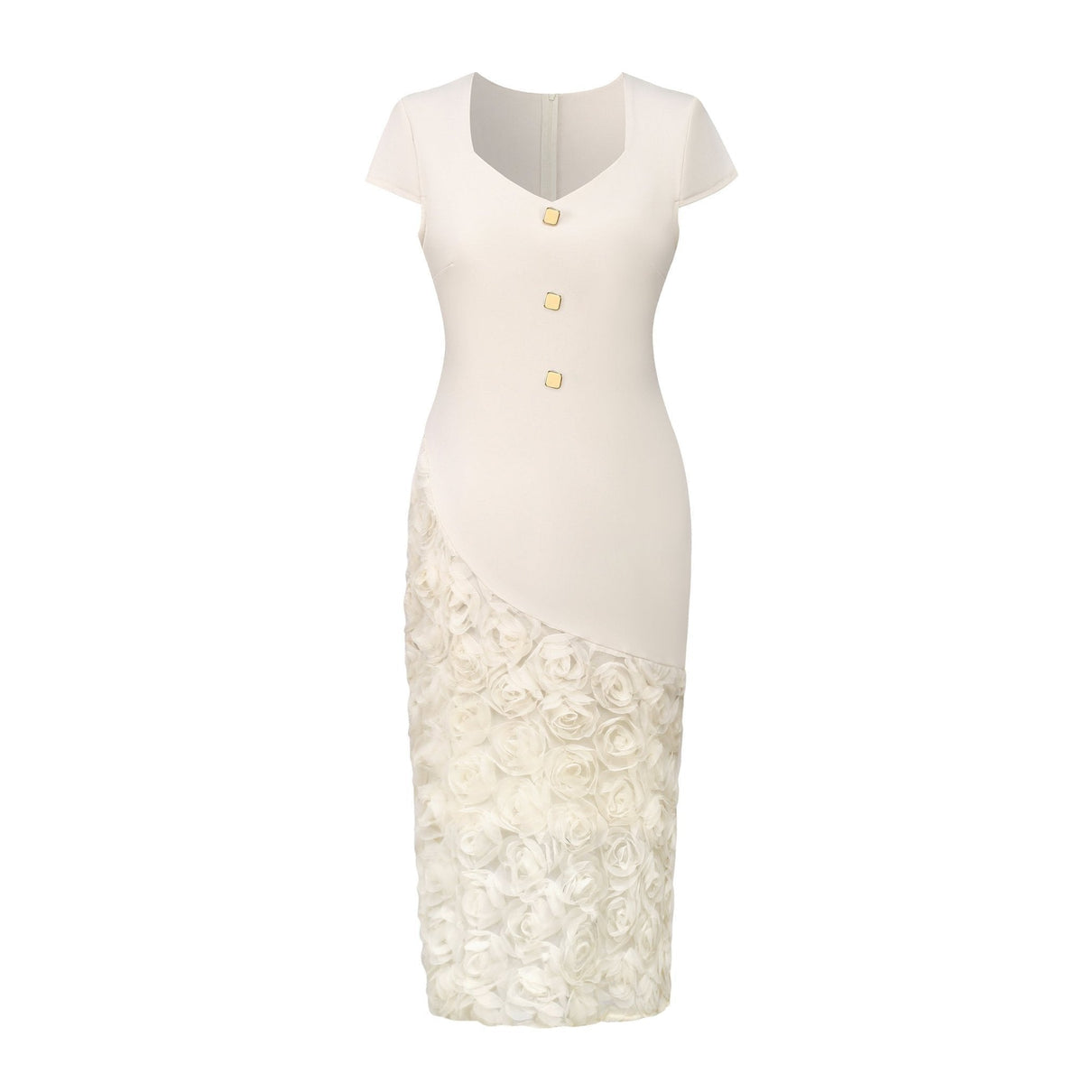 3D Rose Appliqué Lace Bodycon Midi Dress - Wedding Guest Dress - MSHIGHBEAUTY