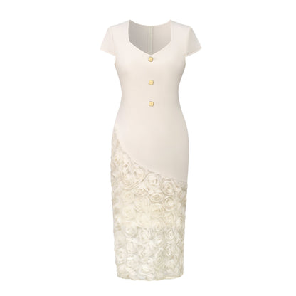 3D Rose Appliqué Lace Bodycon Midi Dress - Wedding Guest Dress - MSHIGHBEAUTY