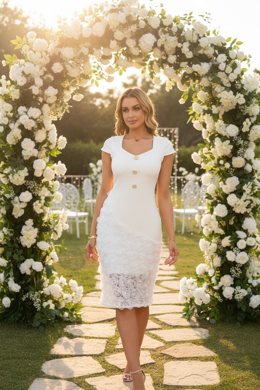 3D Rose Appliqué Lace Bodycon Midi Dress - Wedding Guest Dress - MSHIGHBEAUTY