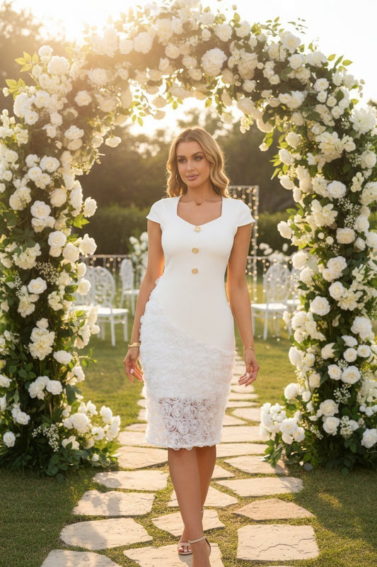 3D Rose Appliqué Lace Bodycon Midi Dress - Wedding Guest Dress - MSHIGHBEAUTY