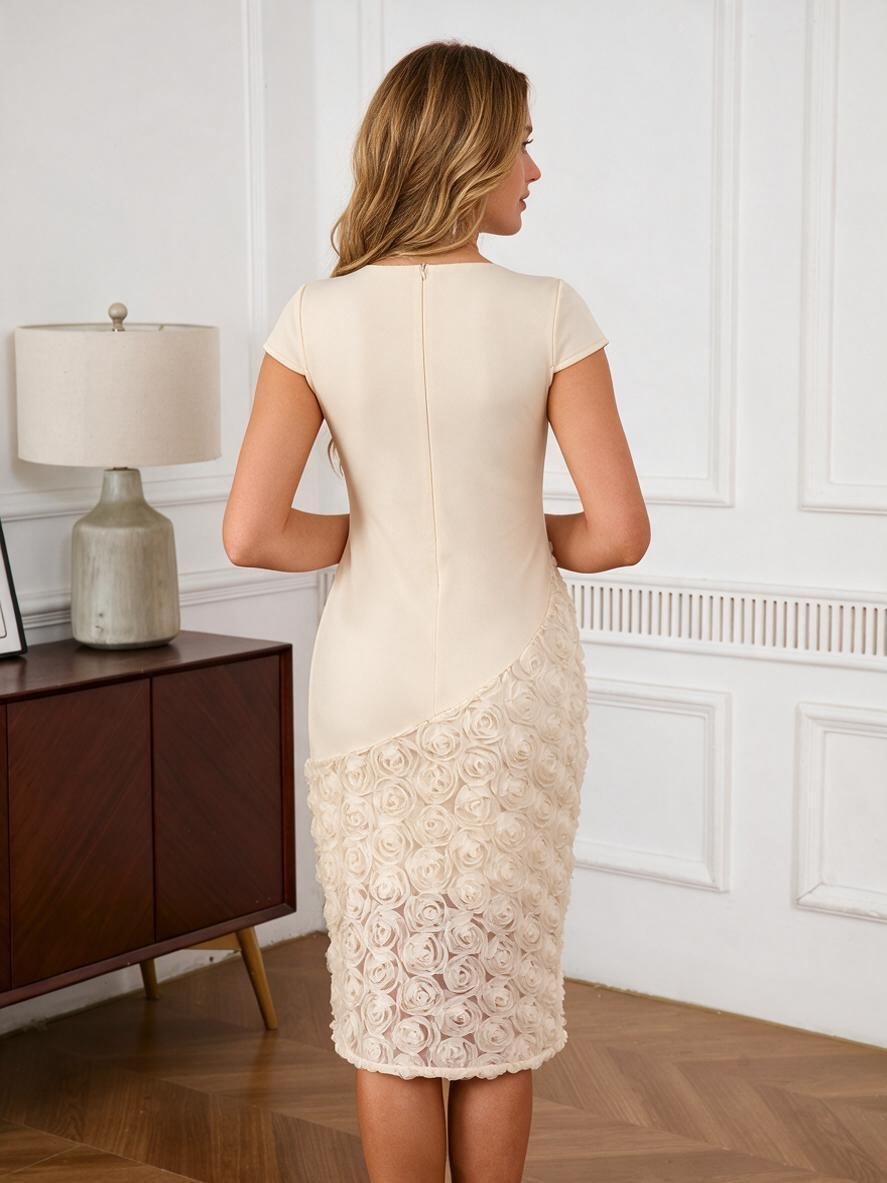 3D Rose Appliqué Lace Bodycon Midi Dress - Wedding Guest Dress - MSHIGHBEAUTY
