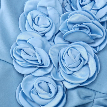 3D Rose Appliqué Satin Maxi Dress - Strapless Ruched Bodice Evening Gown - MSHIGHBEAUTY