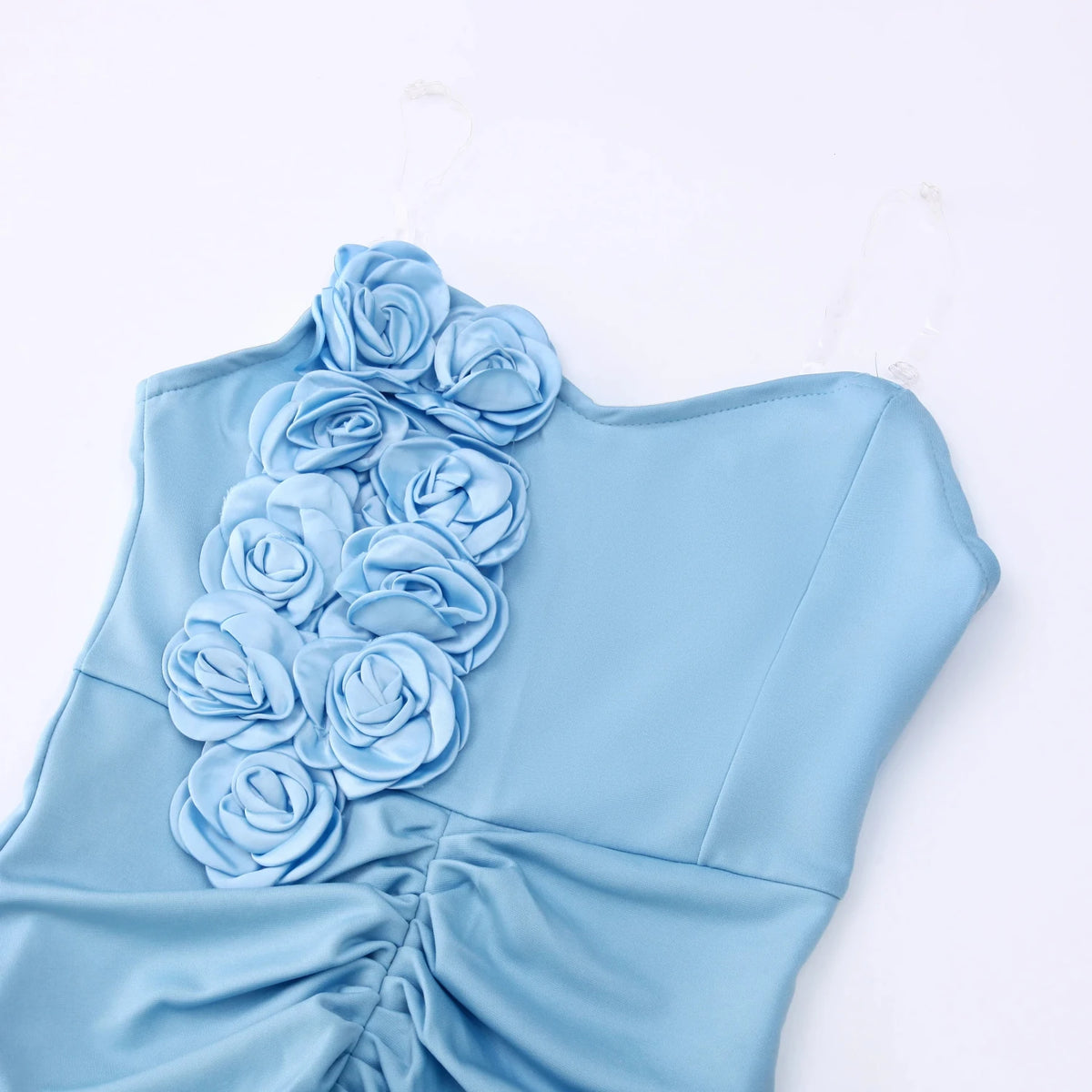3D Rose Appliqué Satin Maxi Dress - Strapless Ruched Bodice Evening Gown - MSHIGHBEAUTY