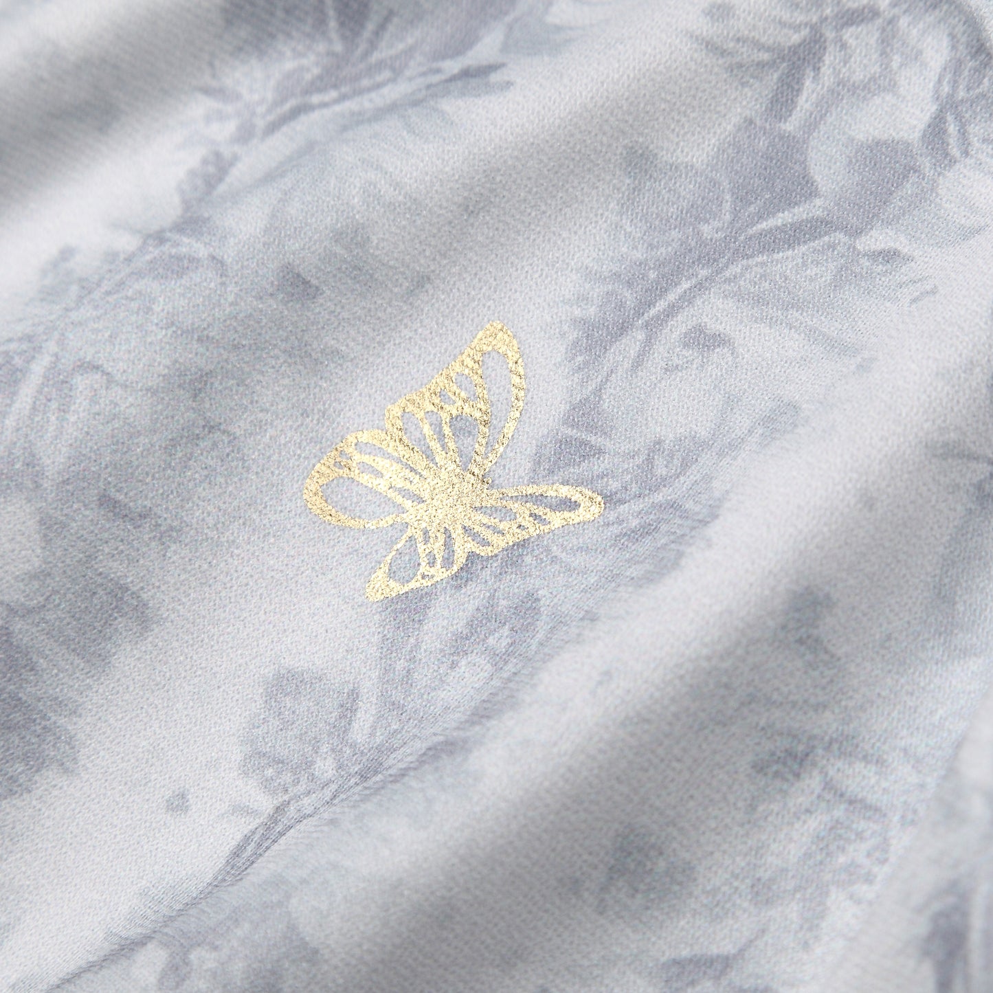 Elegant Grey Butterfly Print Ruched Dress | Gold Foil Pattern | Short Sleeve Bodycon Midi Dress