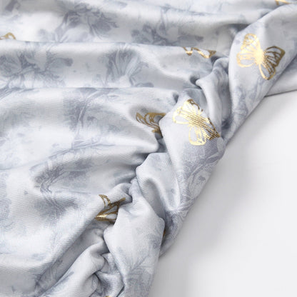 Butterfly Print Gold Foil Ruched Bodycon Midi Dress - Short Sleeve Party Dress - MSHIGHBEAUTY