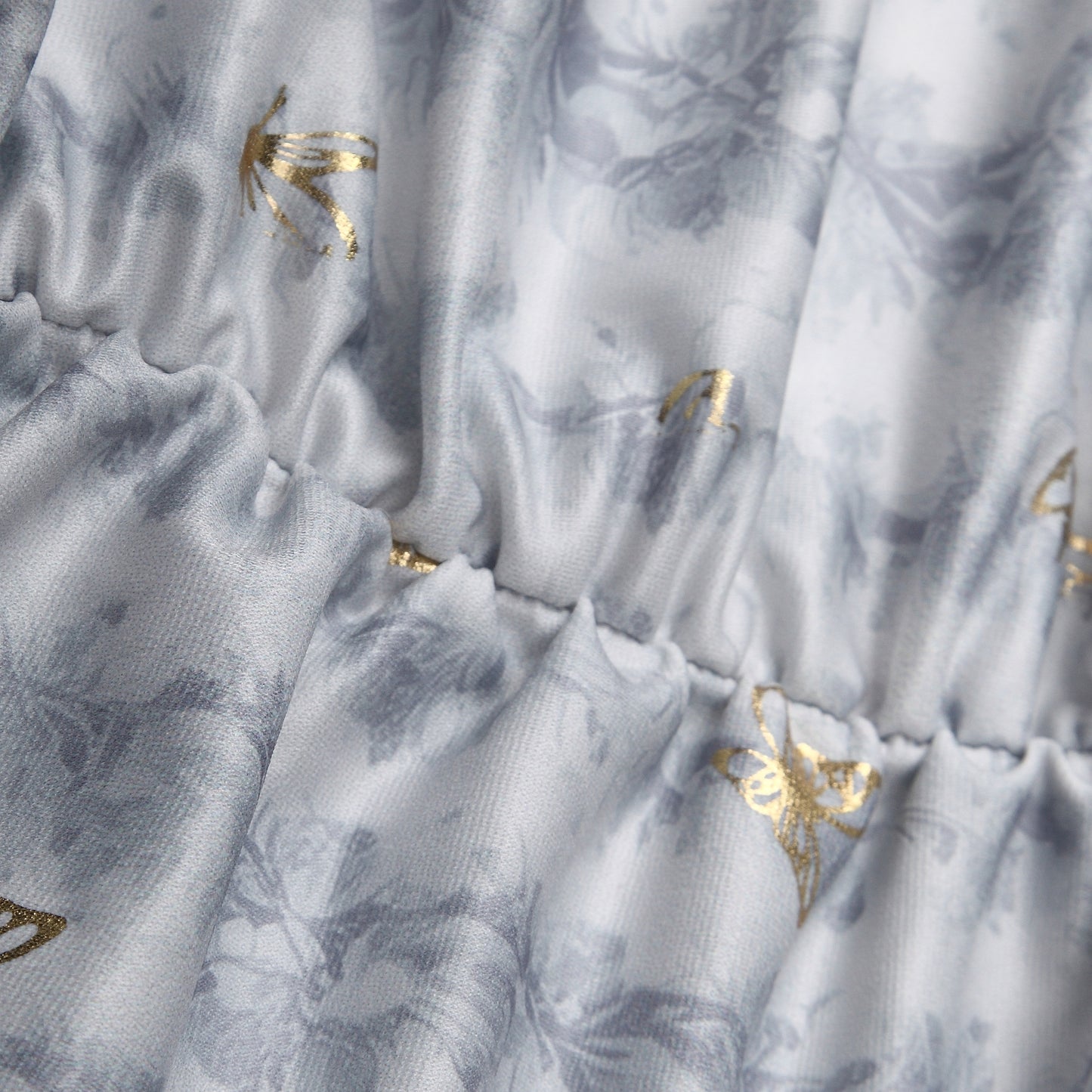 Elegant Grey Butterfly Print Ruched Dress | Gold Foil Pattern | Short Sleeve Bodycon Midi Dress
