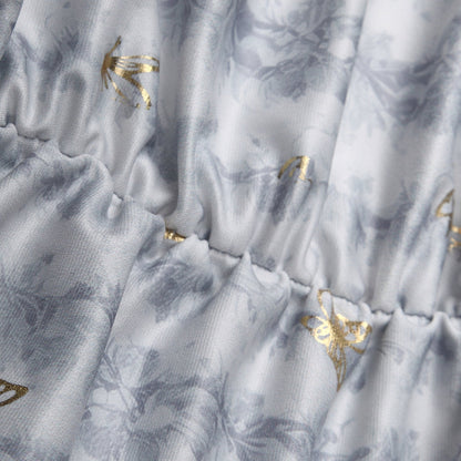 Butterfly Print Gold Foil Ruched Bodycon Midi Dress - Short Sleeve Party Dress - MSHIGHBEAUTY