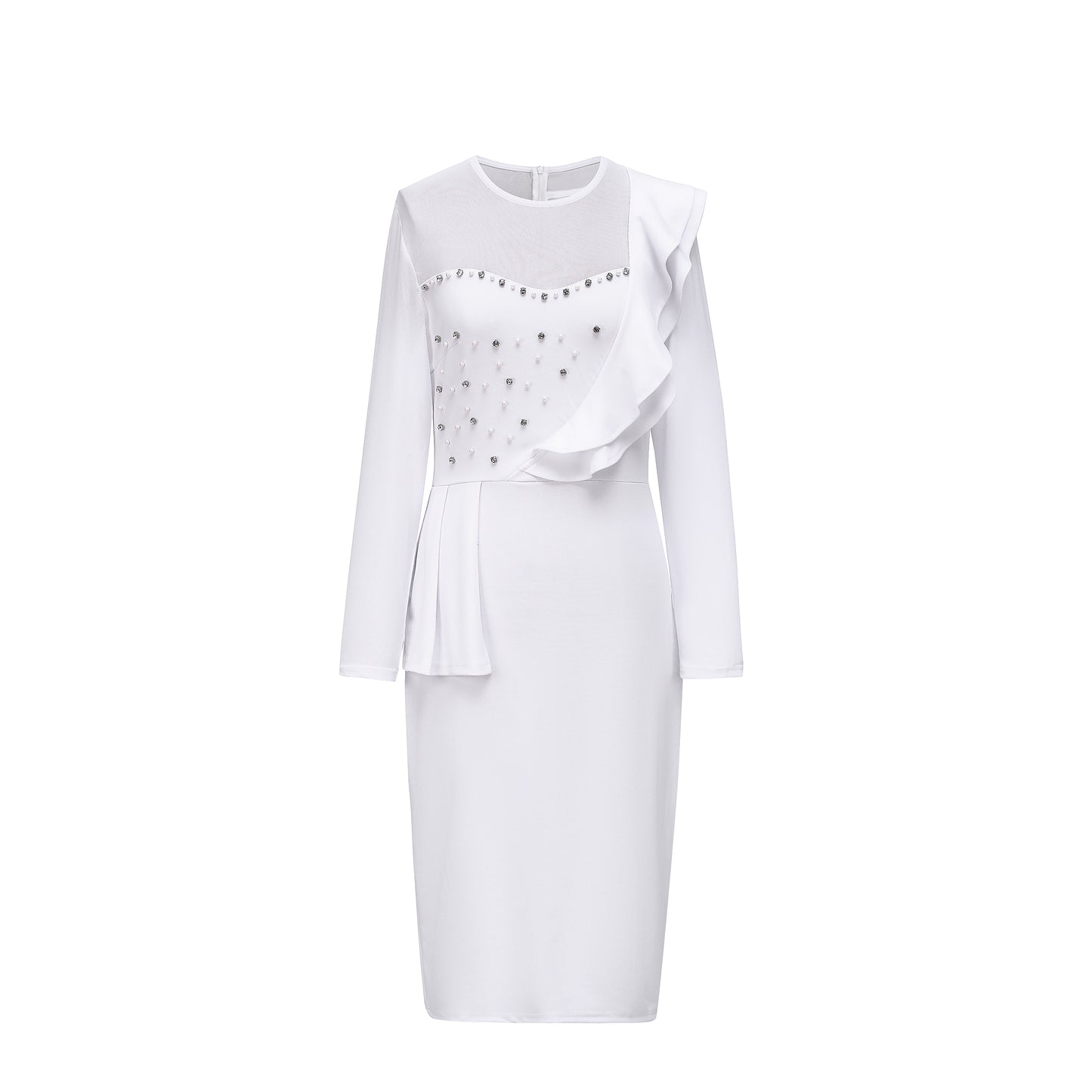 Elegant Pearl Rhinestone Ruffle Dress | 3 Colors | Mesh Sleeve Party Wedding Guest Dress