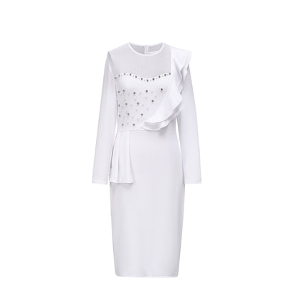 Pearl Rhinestone Ruffle Midi Dress with Mesh Sleeves - Wedding Guest Dress - MSHIGHBEAUTY
