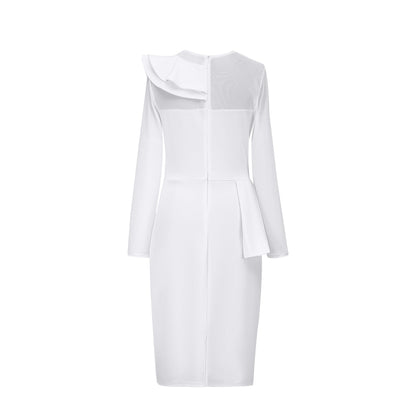 Pearl Rhinestone Ruffle Midi Dress with Mesh Sleeves - Wedding Guest Dress - MSHIGHBEAUTY