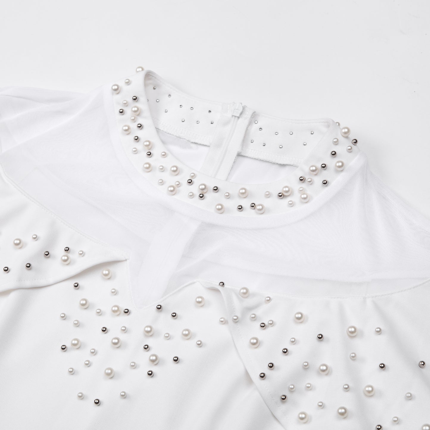 Elegant Pearl Rhinestone Ruffle Dress | 3 Colors | Mesh Sleeve Wedding Guest Party Dress