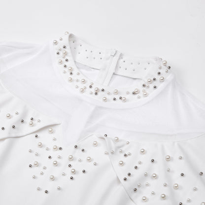 Pearl Rhinestone Ruffle Dress - Mesh Sleeve Wedding Guest Party Dress - MSHIGHBEAUTY