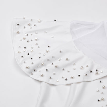 Pearl Rhinestone Ruffle Dress - Mesh Sleeve Wedding Guest Party Dress - MSHIGHBEAUTY