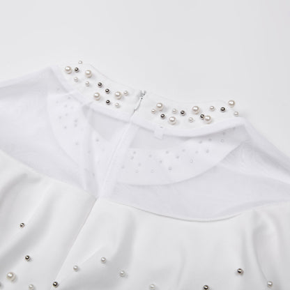 Pearl Rhinestone Ruffle Dress - Mesh Sleeve Wedding Guest Party Dress - MSHIGHBEAUTY