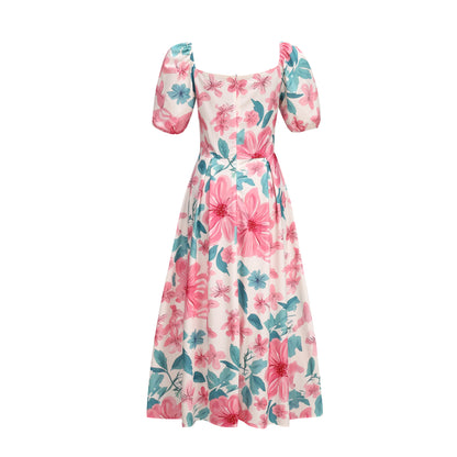 Pink Floral Square Neck Maxi Dress | 2 Colors | Puff Sleeve Ruched Bodice | Tropical Garden Party Wedding Guest Dress