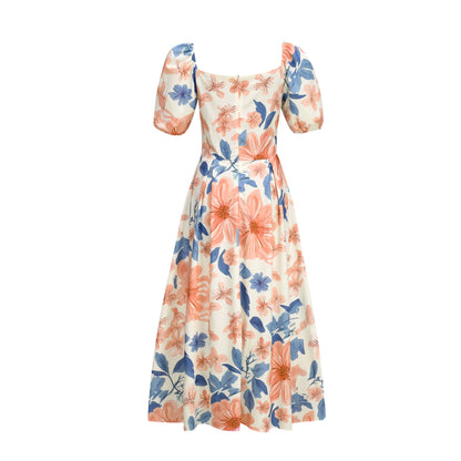 Pink Floral Square Neck Maxi Dress | 2 Colors | Puff Sleeve Ruched Bodice | Tropical Garden Party Wedding Guest Dress