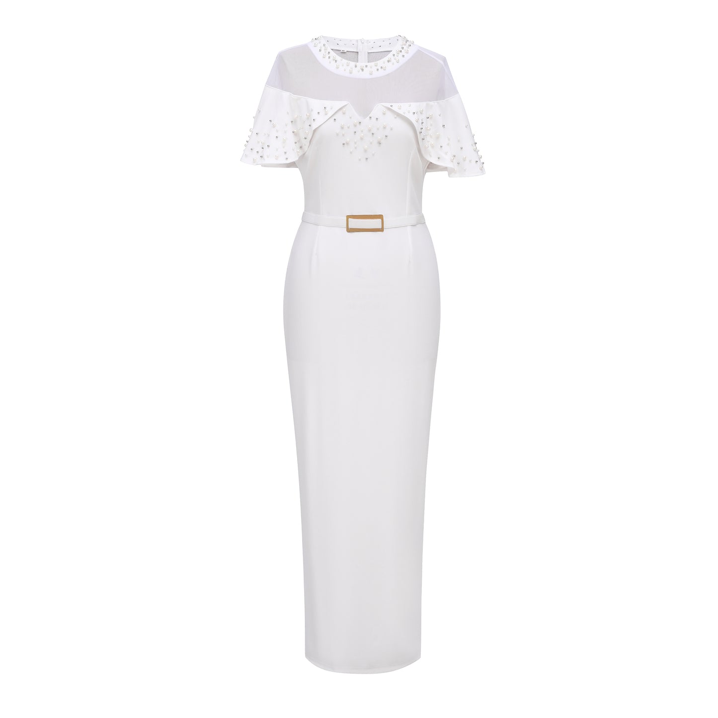 Elegant Pearl Rhinestone Ruffle Dress | 3 Colors | Mesh Sleeve Wedding Guest Party Dress