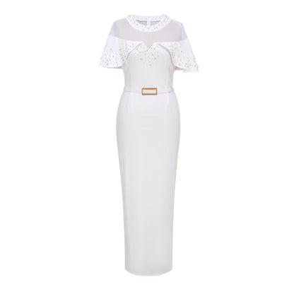 Pearl Rhinestone Ruffle Dress - Mesh Sleeve Wedding Guest Party Dress - MSHIGHBEAUTY