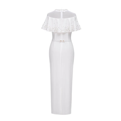 Pearl Rhinestone Ruffle Dress - Mesh Sleeve Wedding Guest Party Dress - MSHIGHBEAUTY