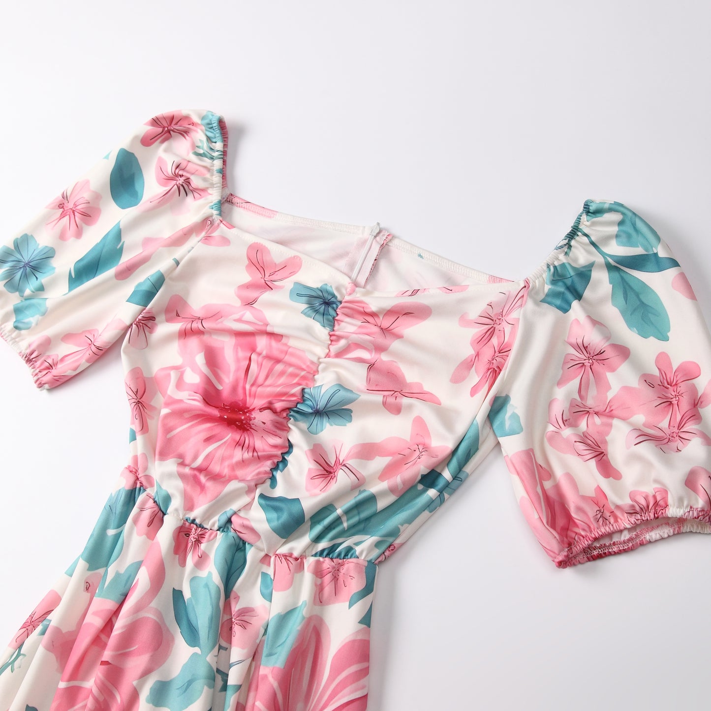 Pink Floral Square Neck Maxi Dress | 2 Colors | Puff Sleeve Ruched Bodice | Tropical Garden Party Wedding Guest Dress