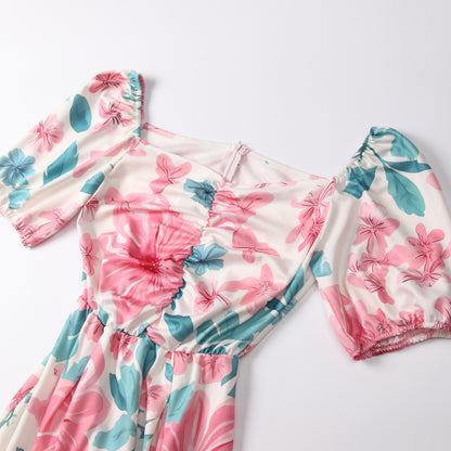 Pink Floral Square Neck Maxi Dress | 2 Colors | Puff Sleeve Ruched Bodice | Tropical Garden Party Wedding Guest Dress