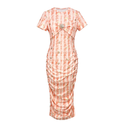 Butterfly Print Gold Foil Ruched Bodycon Midi Dress - Short Sleeve Party Dress - MSHIGHBEAUTY