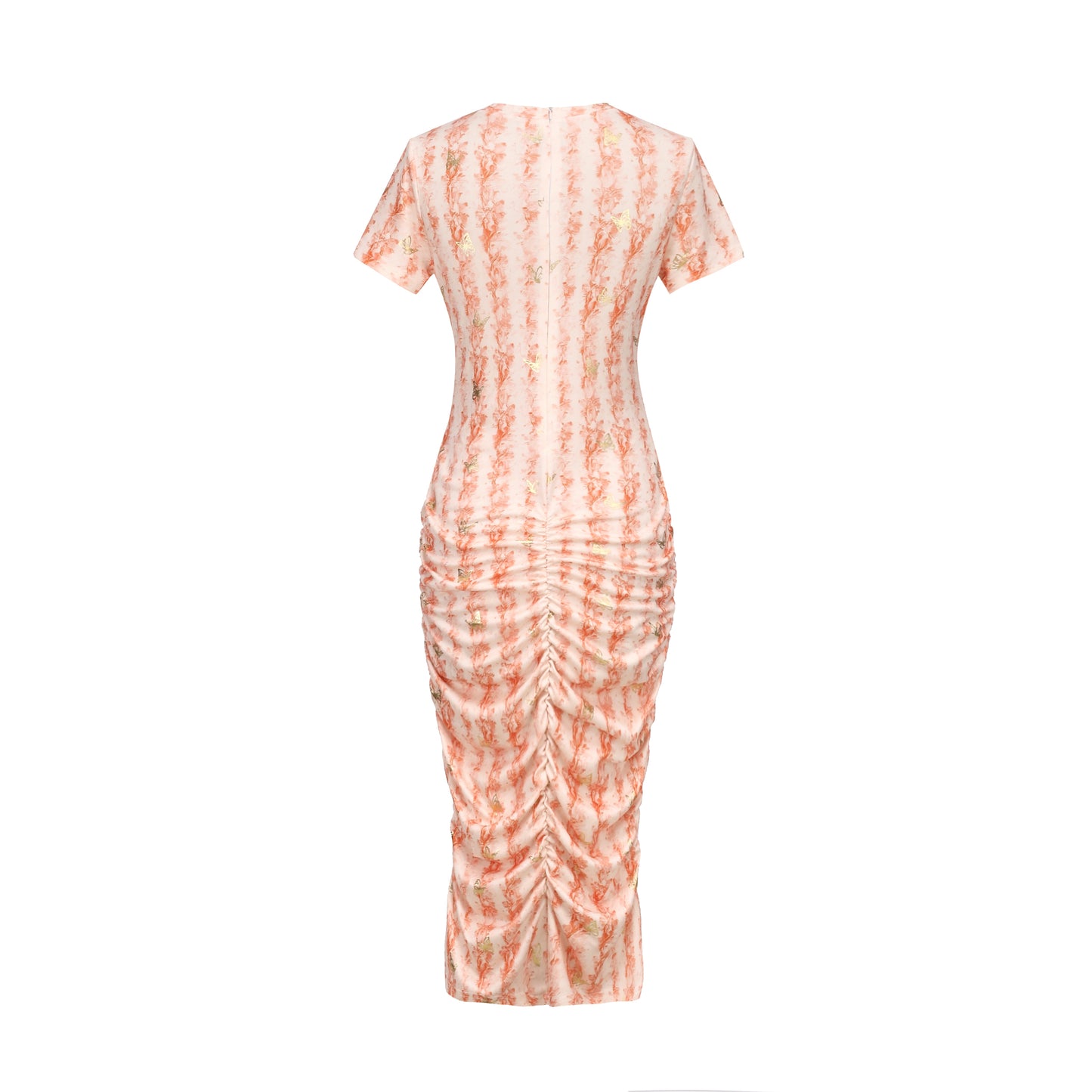 Elegant Grey Butterfly Print Ruched Dress | Gold Foil Pattern | Short Sleeve Bodycon Midi Dress