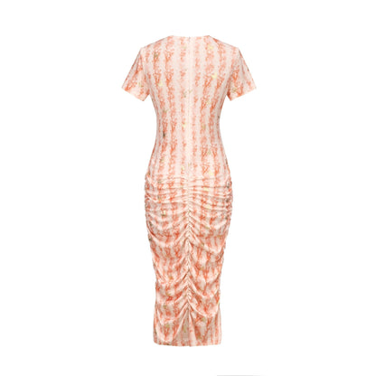 Butterfly Print Gold Foil Ruched Bodycon Midi Dress - Short Sleeve Party Dress - MSHIGHBEAUTY