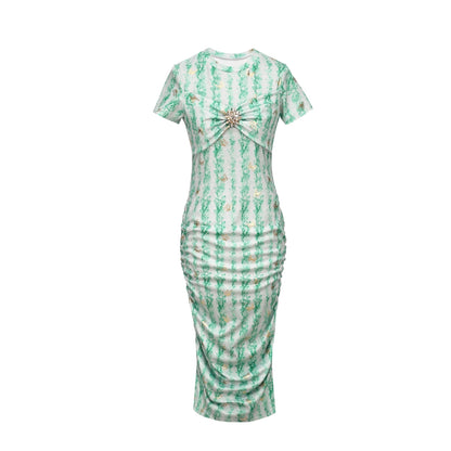 Butterfly Print Gold Foil Ruched Bodycon Midi Dress - Short Sleeve Party Dress - MSHIGHBEAUTY