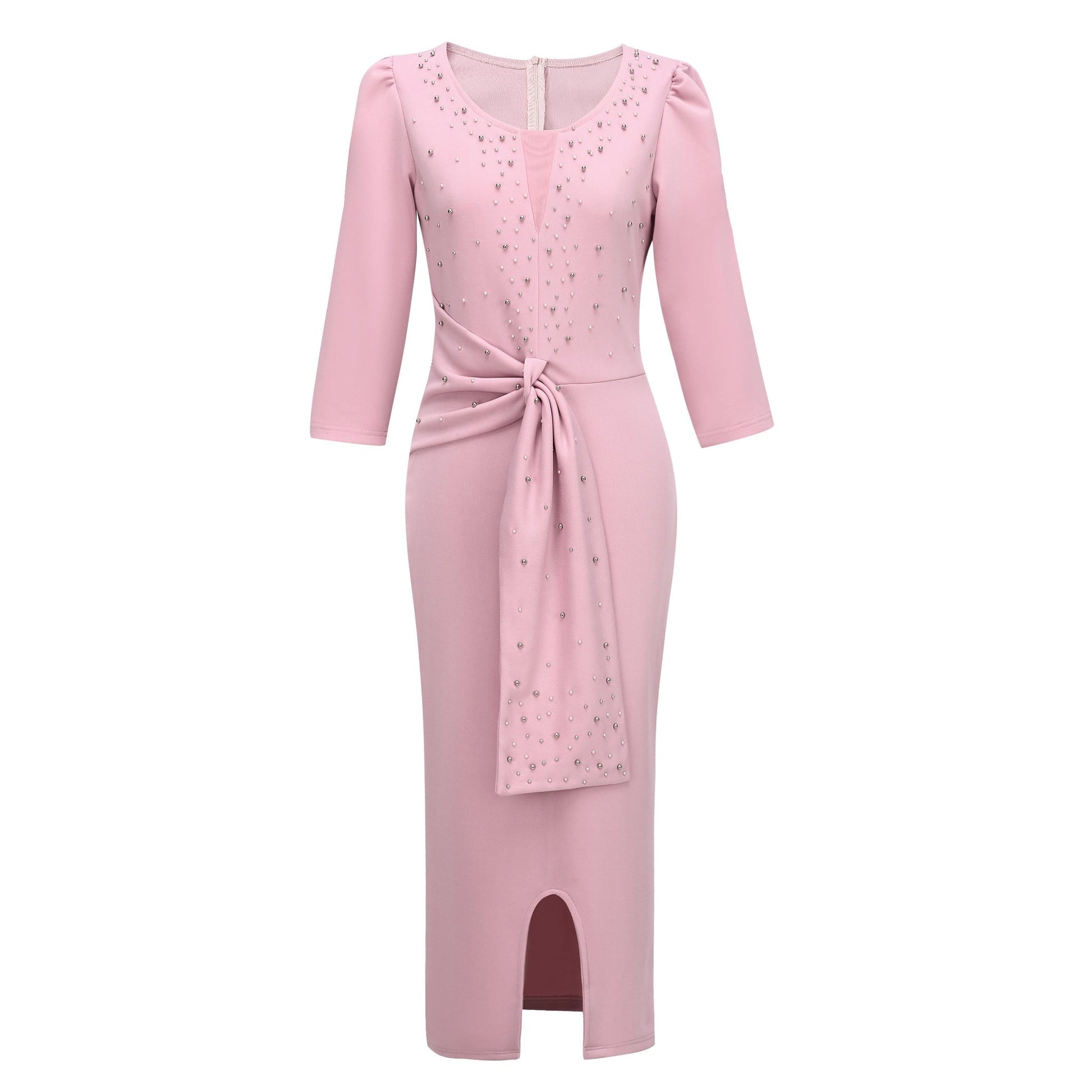 Rhinestone Embellished Puff Sleeve Bow Belt V-Neck Bodycon Midi Dress - MSHIGHBEAUTY