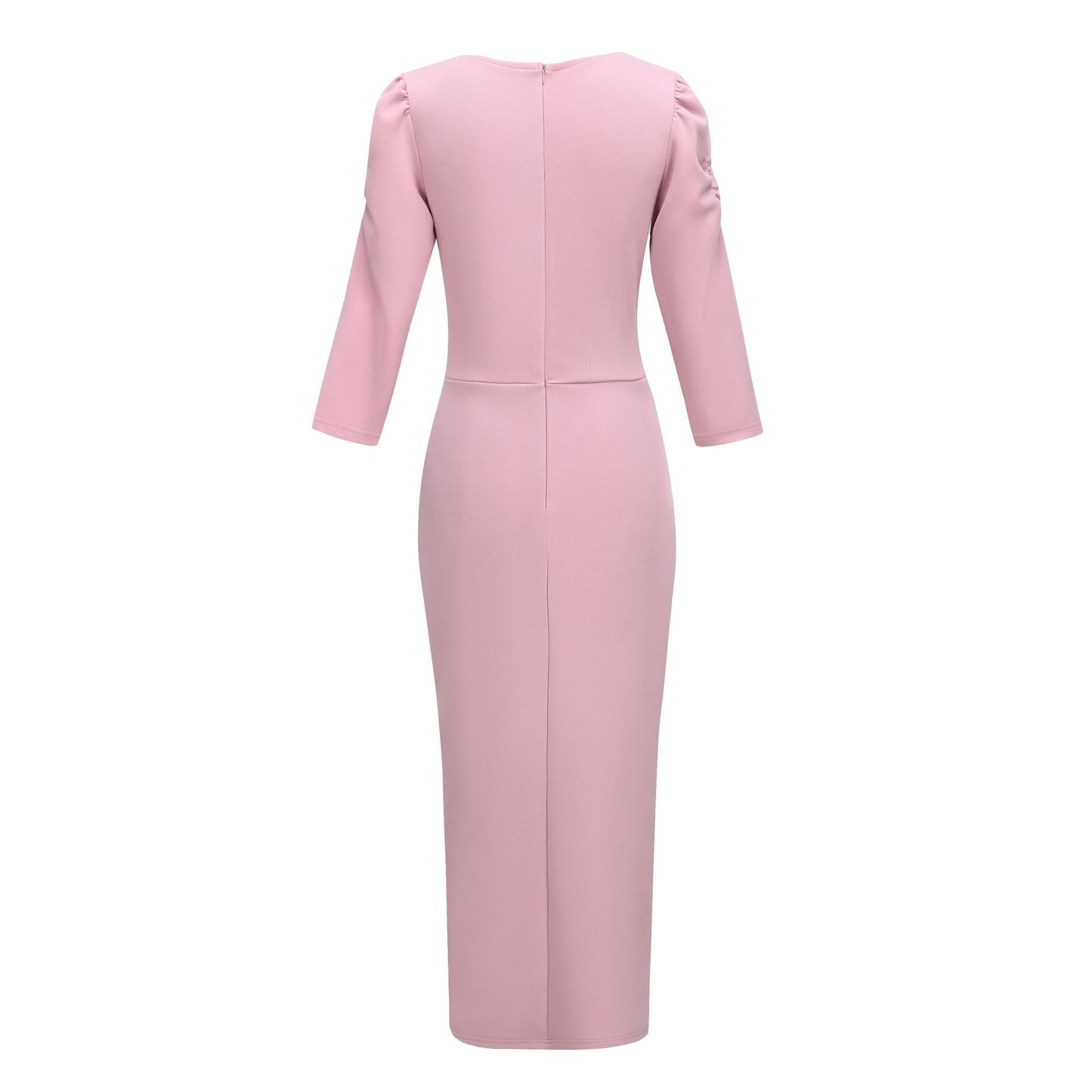 Rhinestone Embellished Puff Sleeve Bow Belt V-Neck Bodycon Midi Dress - MSHIGHBEAUTY