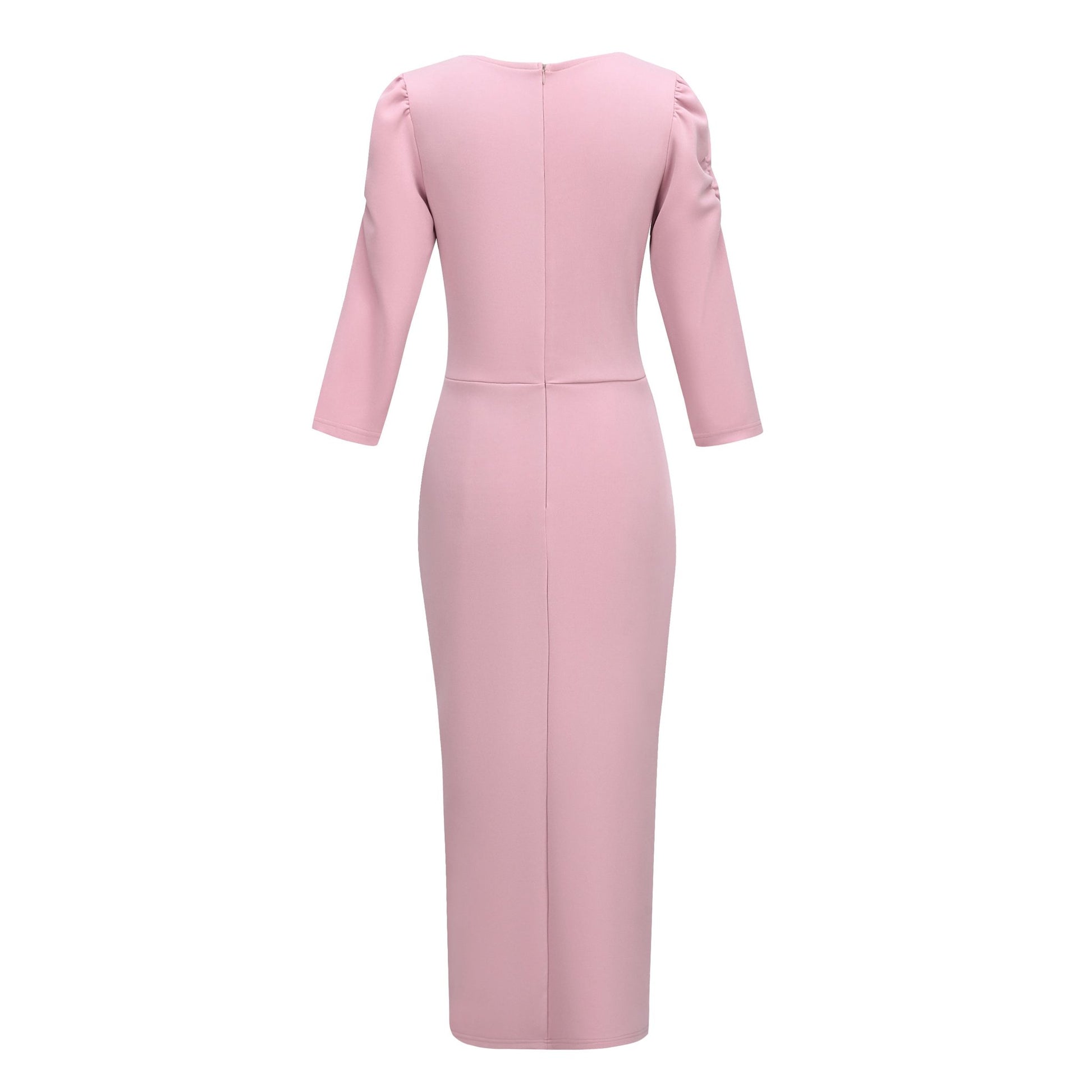 Rhinestone Embellished Puff Sleeve Bow Belt V-Neck Bodycon Midi Dress - MSHIGHBEAUTY