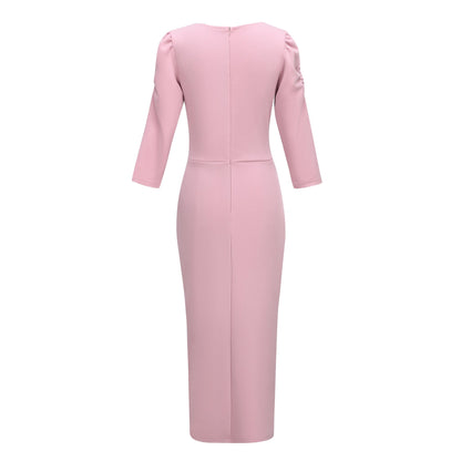 Rhinestone Embellished Puff Sleeve Bow Belt V-Neck Bodycon Midi Dress - MSHIGHBEAUTY