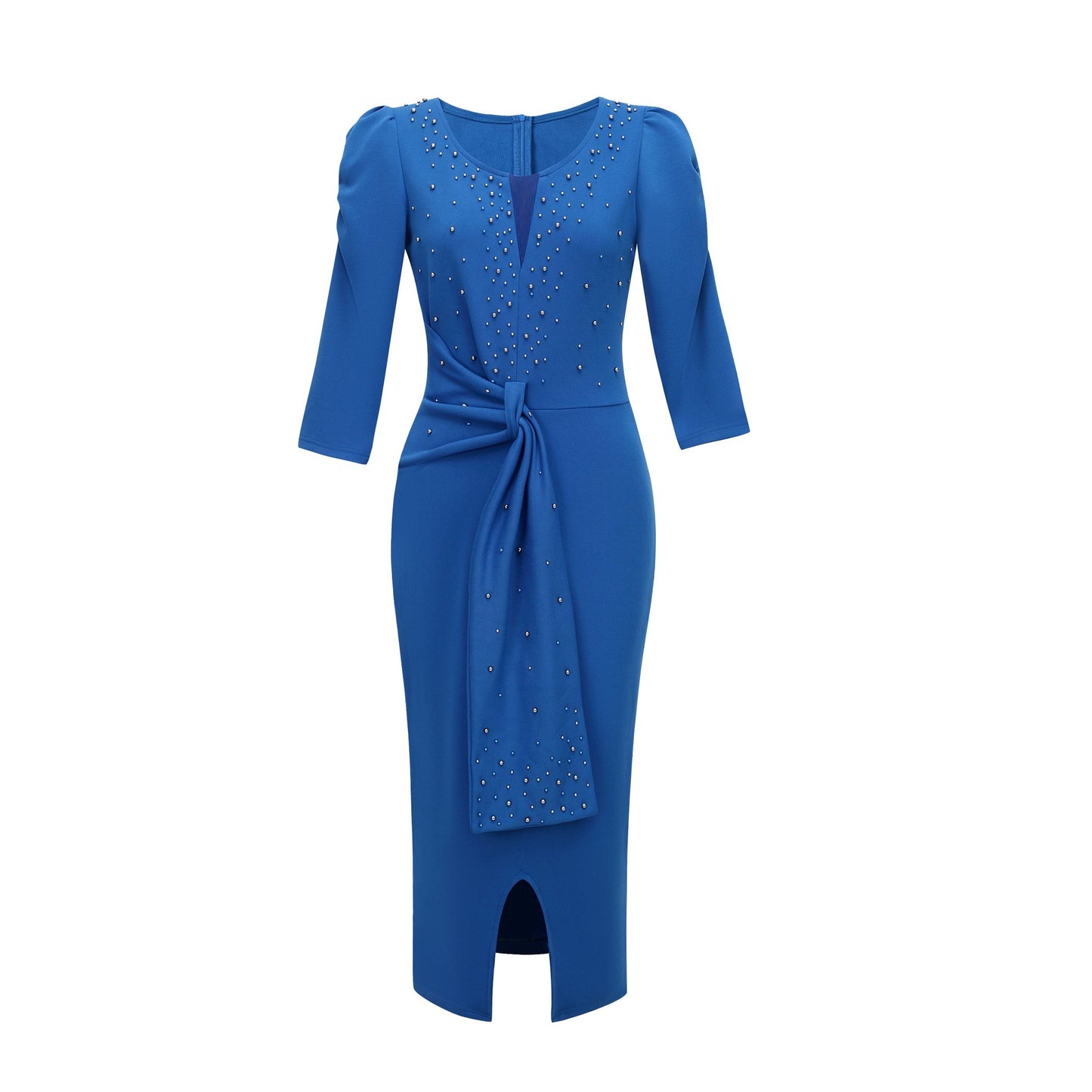 Rhinestone Embellished Puff Sleeve Bow Belt V-Neck Bodycon Midi Dress - MSHIGHBEAUTY