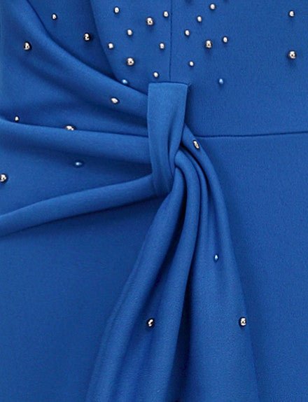Rhinestone Embellished Puff Sleeve Bow Belt V-Neck Bodycon Midi Dress - MSHIGHBEAUTY