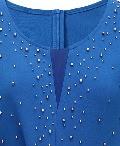 Rhinestone Embellished Puff Sleeve Bow Belt V-Neck Bodycon Midi Dress - MSHIGHBEAUTY