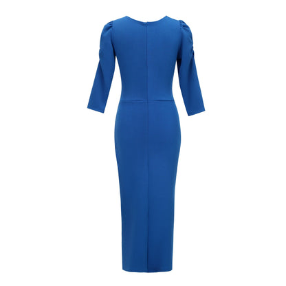 Rhinestone Embellished Puff Sleeve Bow Belt V-Neck Bodycon Midi Dress - MSHIGHBEAUTY