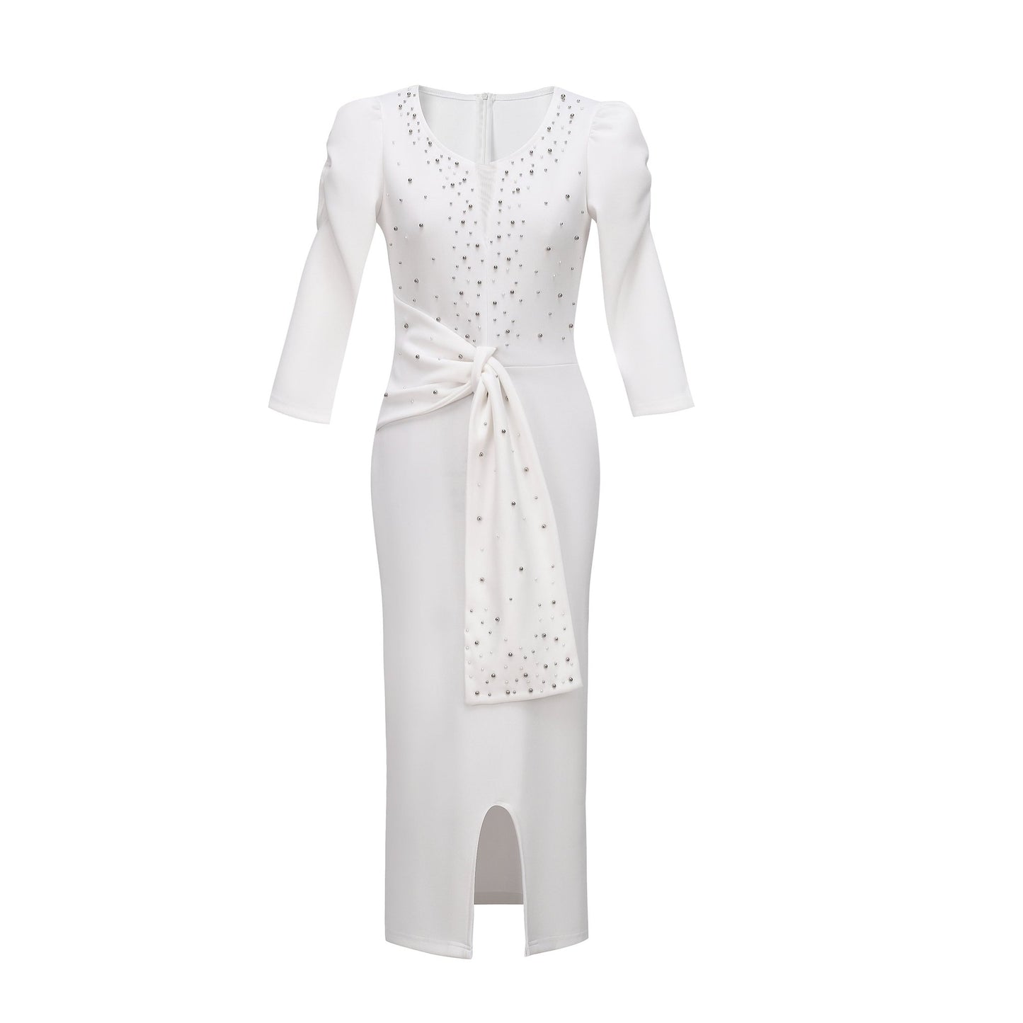 Rhinestone Embellished Puff Sleeve Bow Belt V-Neck Bodycon Midi Dress - MSHIGHBEAUTY
