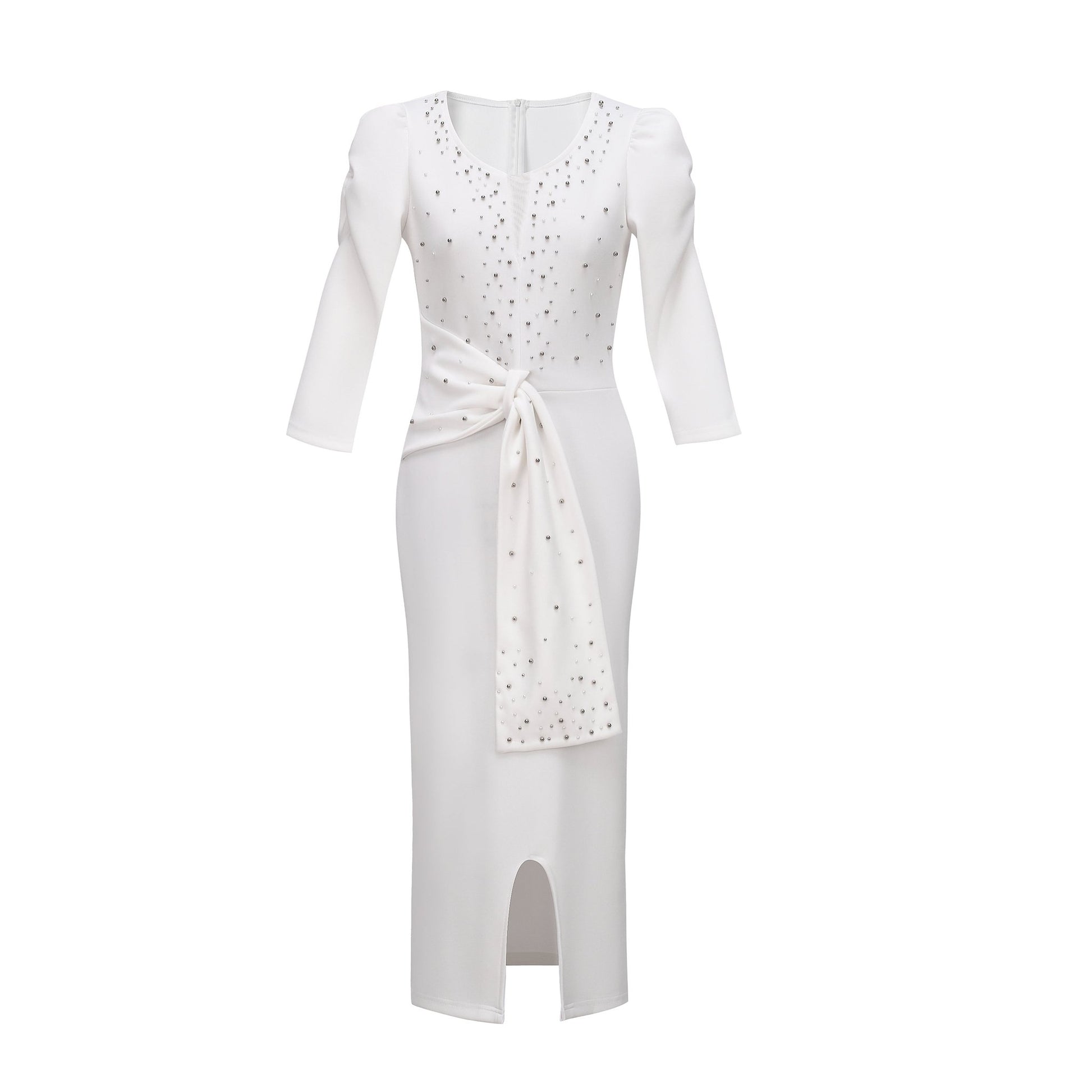 Rhinestone Embellished Puff Sleeve Bow Belt V-Neck Bodycon Midi Dress - MSHIGHBEAUTY