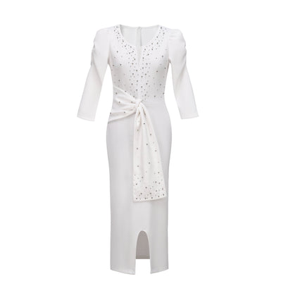 Rhinestone Embellished Puff Sleeve Bow Belt V-Neck Bodycon Midi Dress - MSHIGHBEAUTY