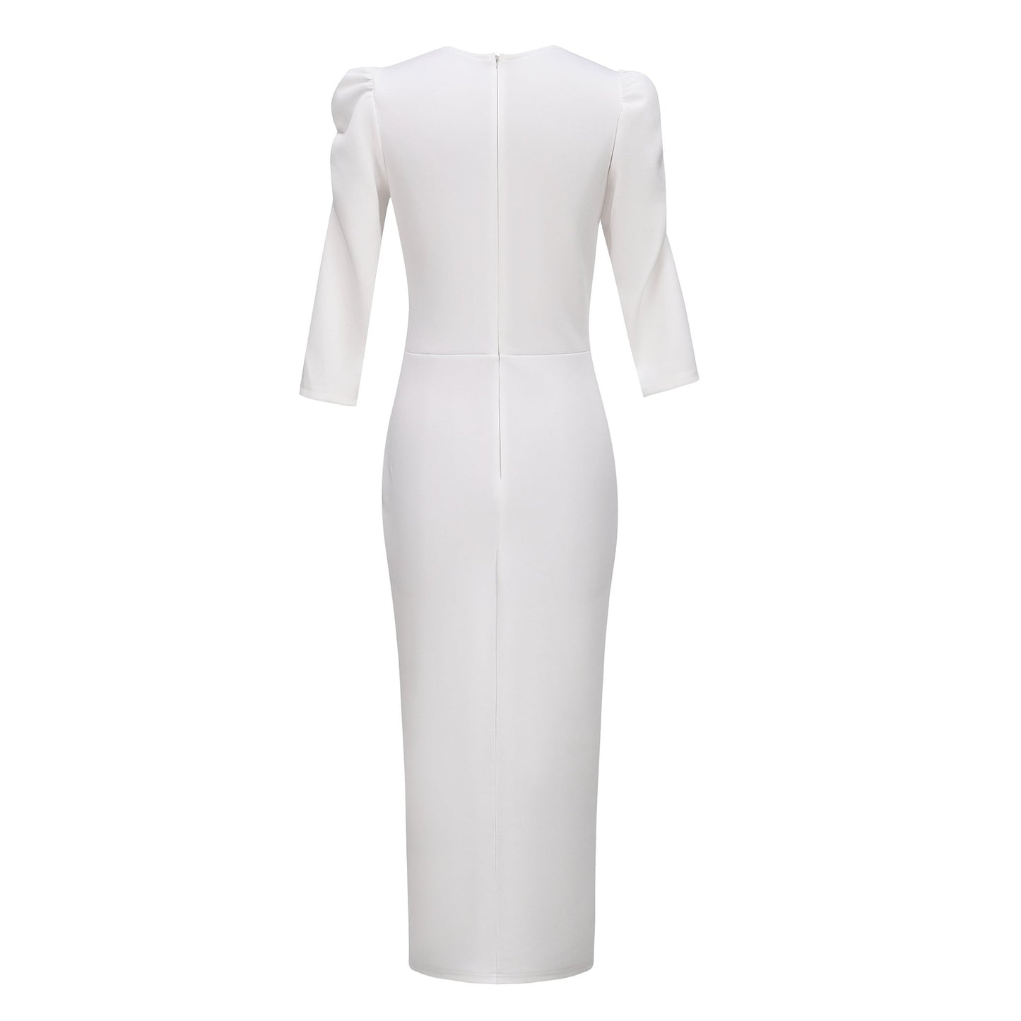 Rhinestone Embellished Puff Sleeve Bow Belt V-Neck Bodycon Midi Dress - MSHIGHBEAUTY