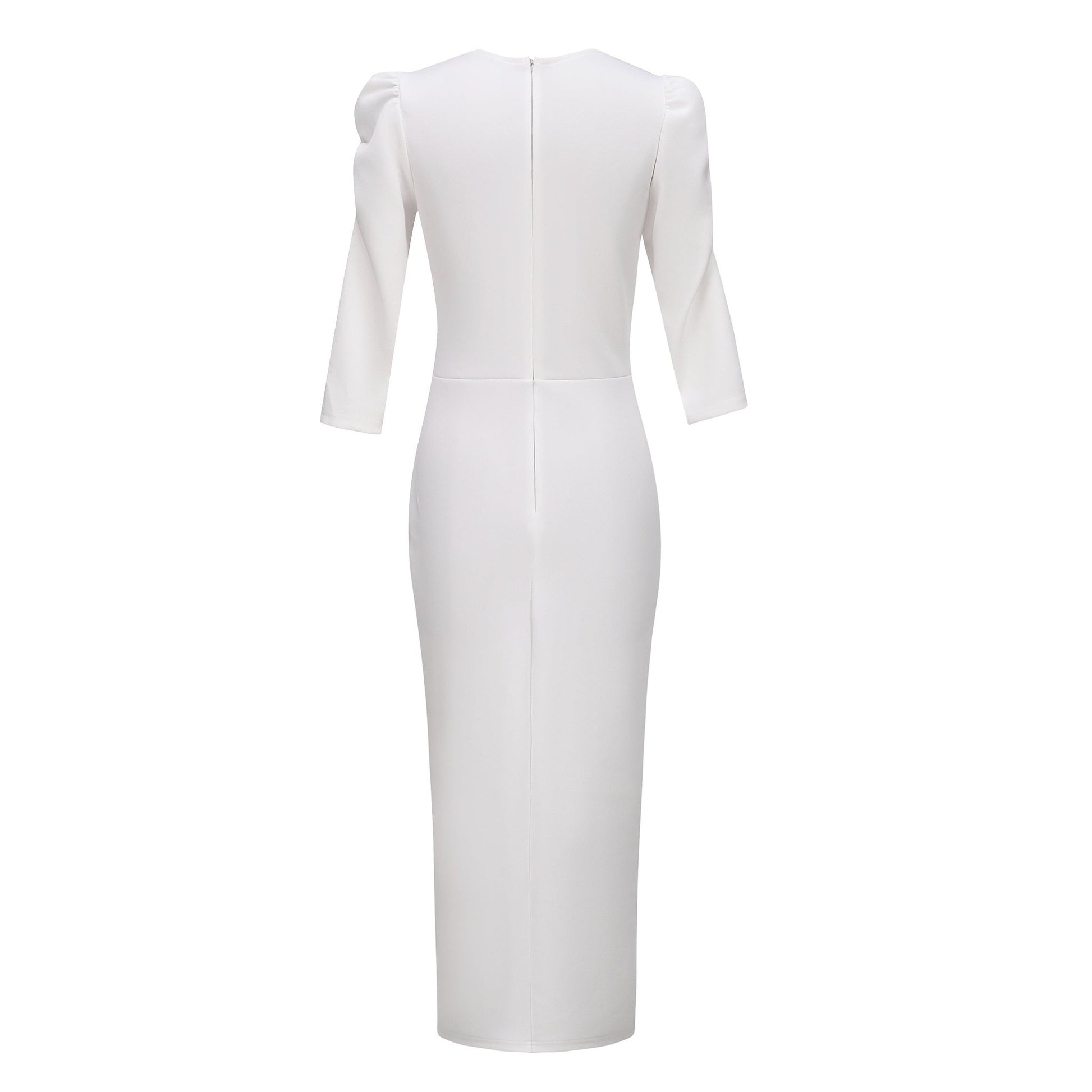 Rhinestone Embellished Puff Sleeve Bow Belt V-Neck Bodycon Midi Dress - MSHIGHBEAUTY