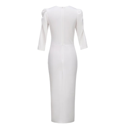 Rhinestone Embellished Puff Sleeve Bow Belt V-Neck Bodycon Midi Dress - MSHIGHBEAUTY