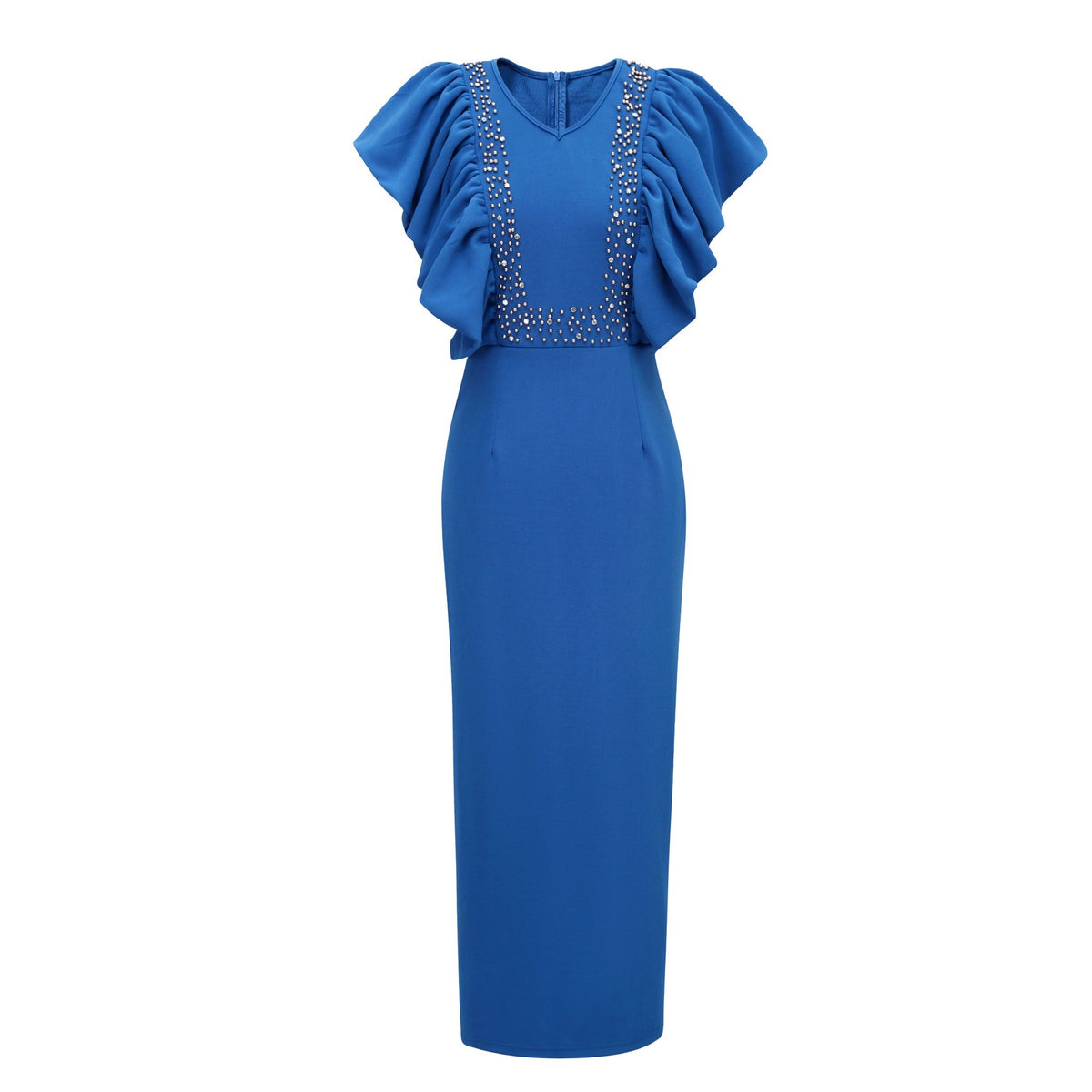 Pearl Embellished Ruffle Sleeve V-Neck Bodycon Midi Dress - Wedding Guest - MSHIGHBEAUTY